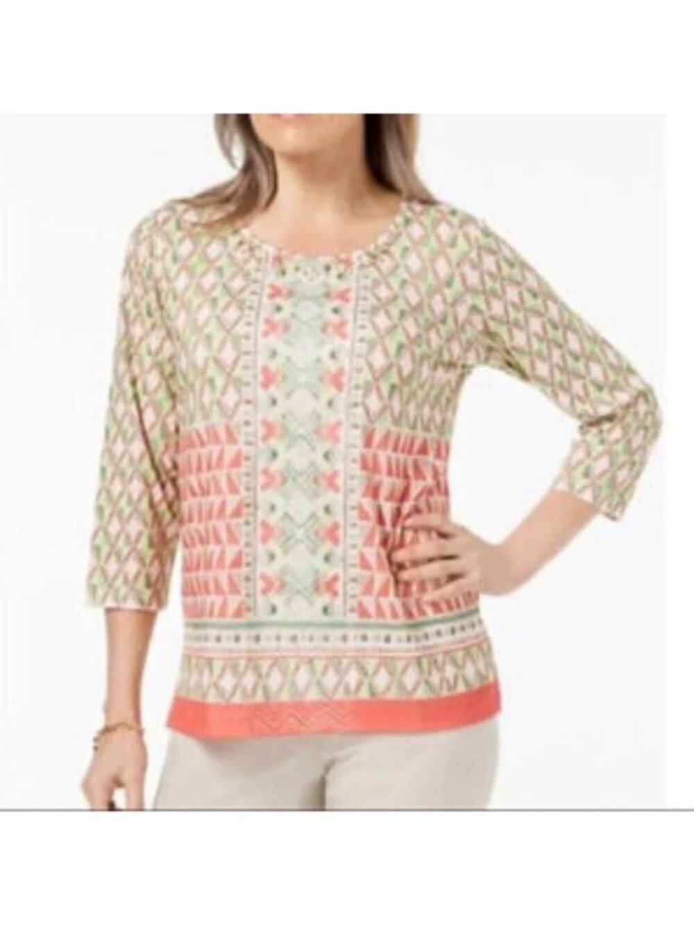 Alfred Dunner Geometric Print Cotton Tunic Top With Embellished Neckline